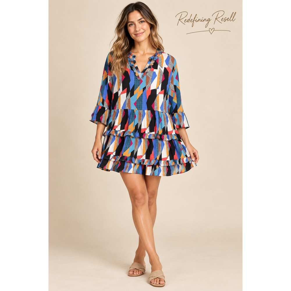 Jodifl Women Multi Color Geometric Tiered Ruffle Mini Dress G8260 Size M